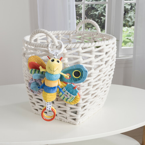 Freddie the Firefly. Bright colors, crinkly wings, and a baby-safe mirror for discovery.